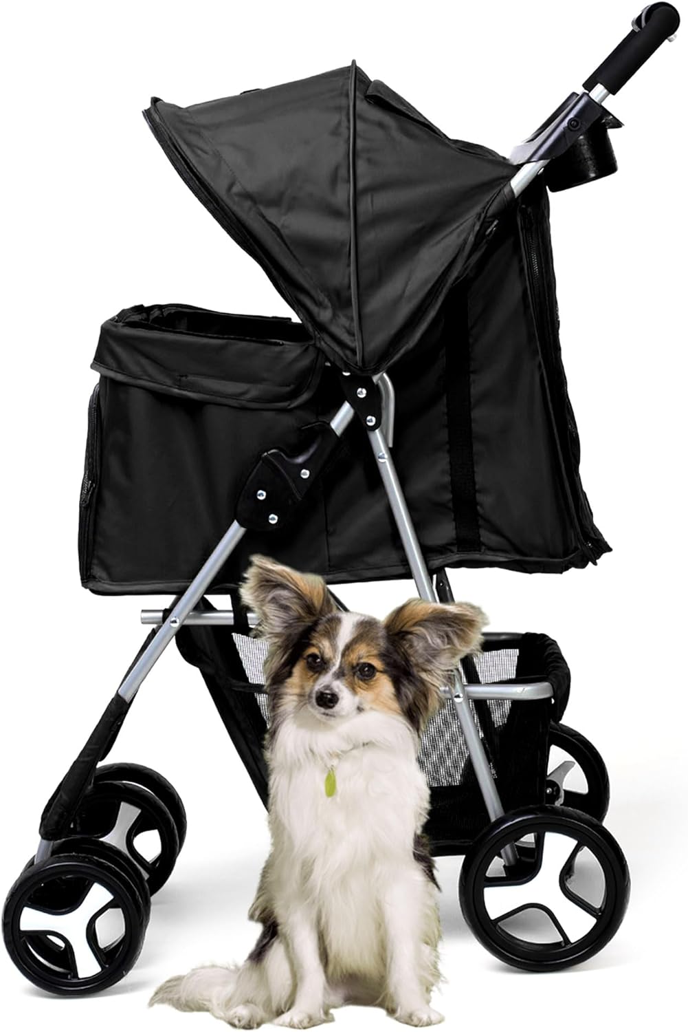 Foldable Pet Stroller with Rain Cover – Compact Pram for Small & Medium Dogs & Cats, Cup Holder & Storage Basket (Black)