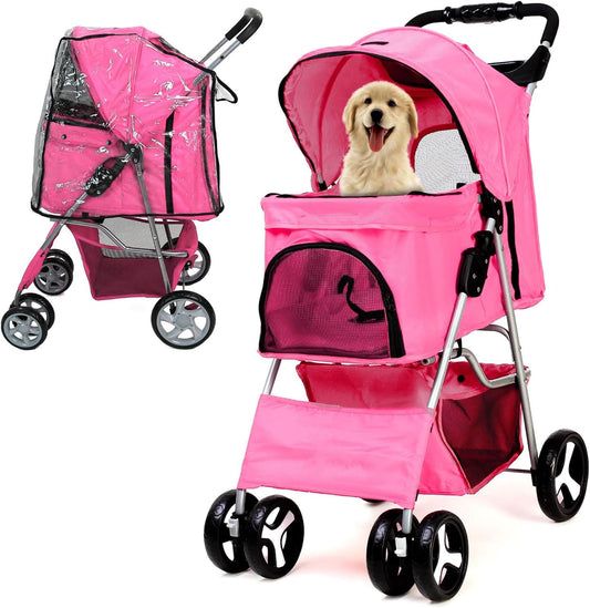 Foldable Pet Stroller with Rain Cover – Compact Pram for Small & Medium Dogs & Cats, Cup Holder & Storage Basket (Pink)