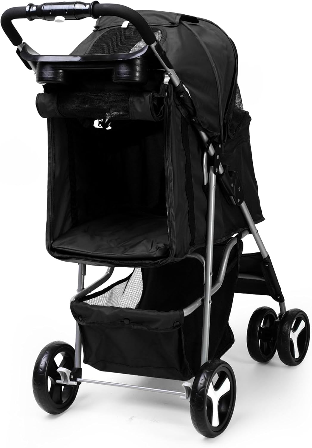 Foldable Pet Stroller with Rain Cover – Compact Pram for Small & Medium Dogs & Cats, Cup Holder & Storage Basket (Black)