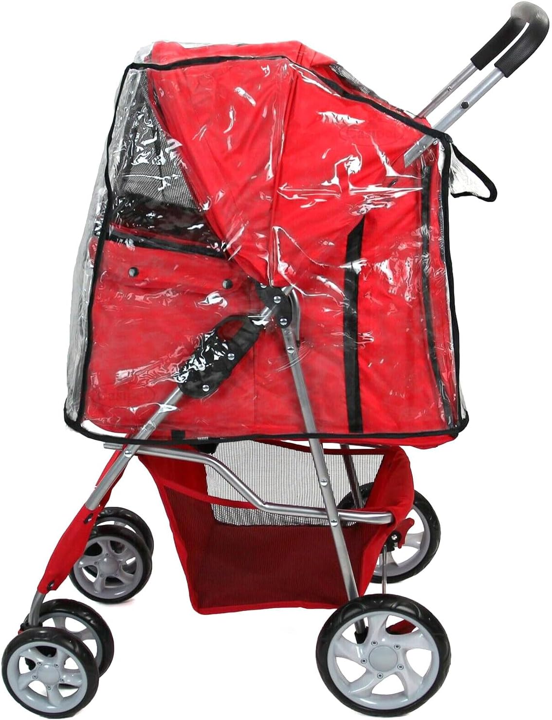 Foldable Pet Stroller with Rain Cover – Compact Pram for Small & Medium Dogs & Cats, Cup Holder & Storage Basket (Red)