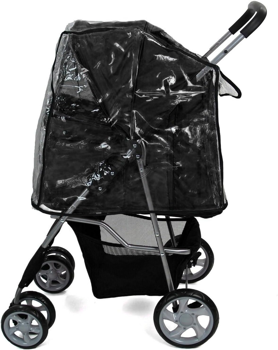 Foldable Pet Stroller with Rain Cover – Compact Pram for Small & Medium Dogs & Cats, Cup Holder & Storage Basket (Black)