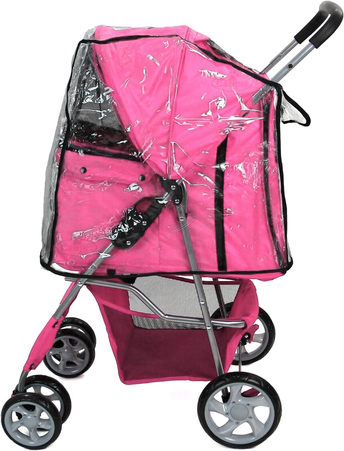 Foldable Pet Stroller with Rain Cover – Compact Pram for Small & Medium Dogs & Cats, Cup Holder & Storage Basket (Pink)