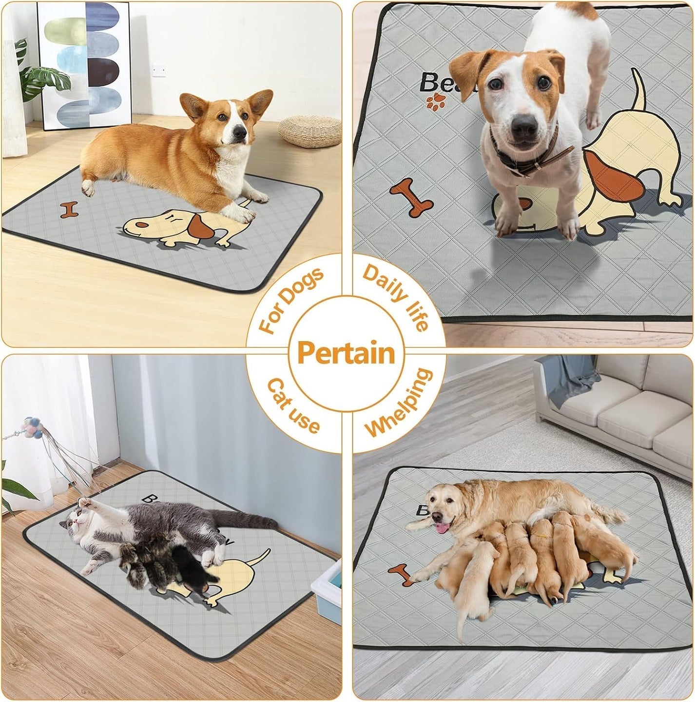 Washable Dog Pee Pads 4-Pack (47x32in) – Leak-Proof, Non-Slip & Absorbent Puppy Training Mats for Crates & Home – Grey